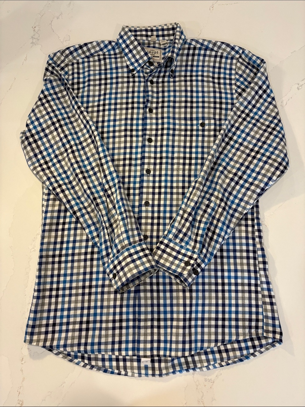 Haupt Checkered Button-Down Shirt Plaid Blue, Black White Regular Fit Sz 14 1/2